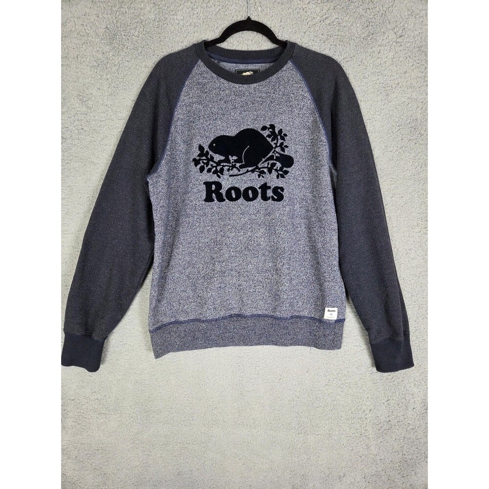 Roots Canada Sweatshirt M Gray‎ Crewneck Velvet Beaver Logo Fleece Pullover